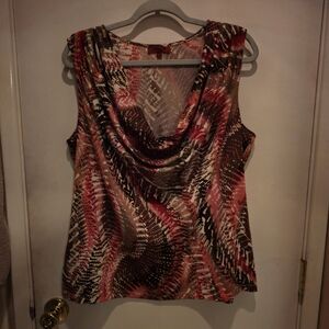 VINTAGE Draped Cowl Neck Sleeveless top - Pink/Orange & Brown Abstract Print